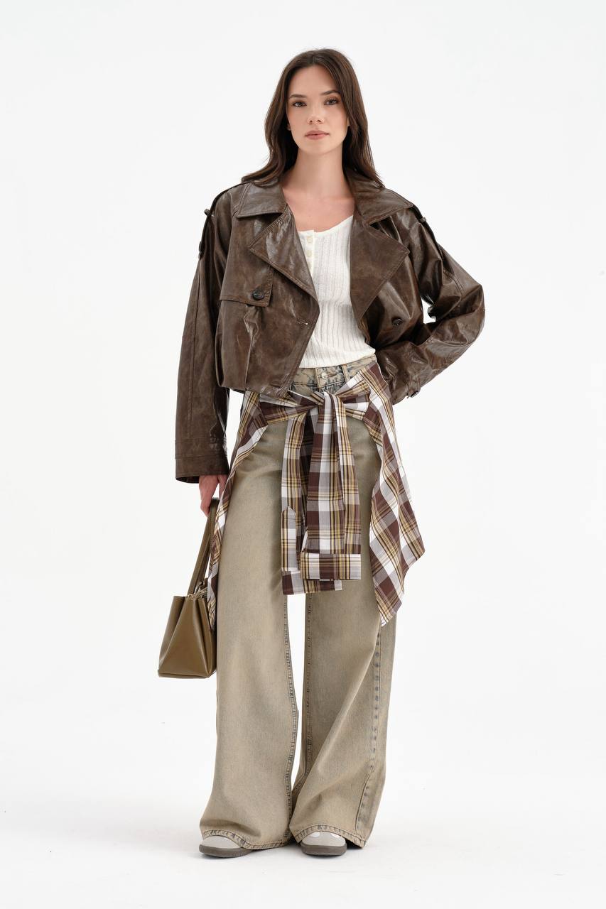 NuNu By TW Vintage Crop Suni Deri Kadın Ceket