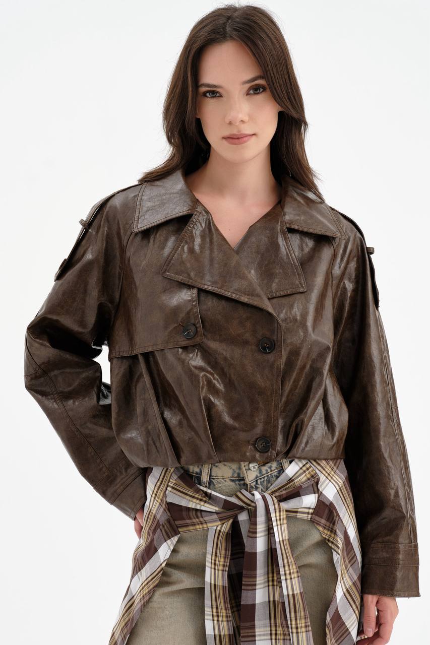 NuNu By TW Vintage Crop Suni Deri Kadın Ceket