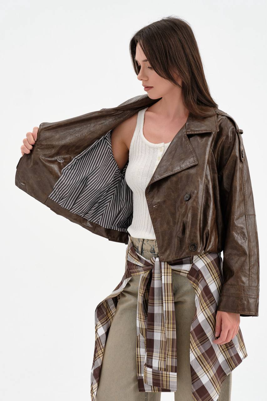 NuNu By TW Vintage Crop Suni Deri Kadın Ceket