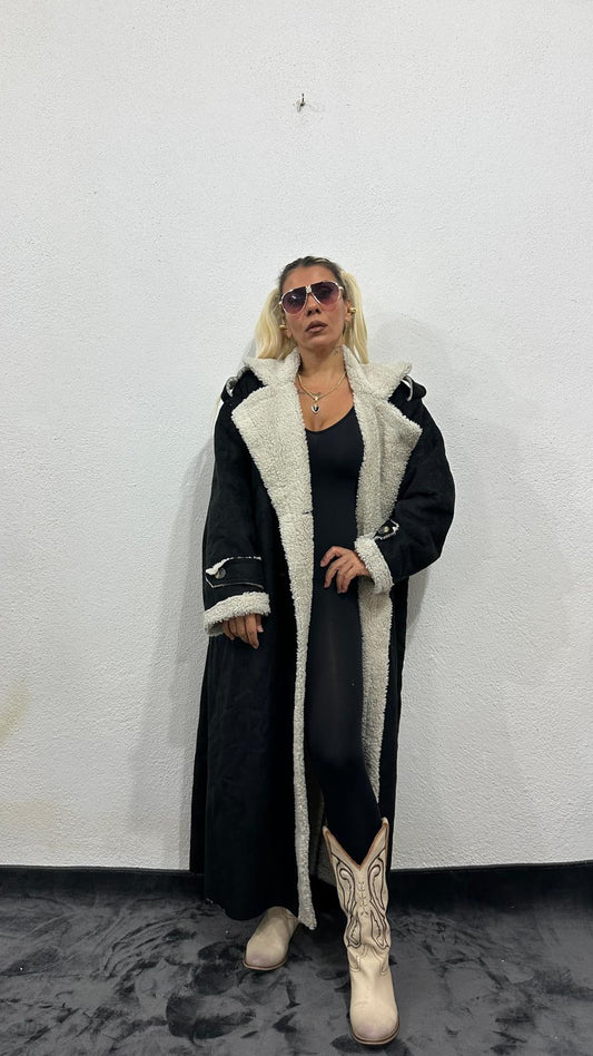 NuNu By Vintage Nubuk Siyah Teddy Uzun Kaban