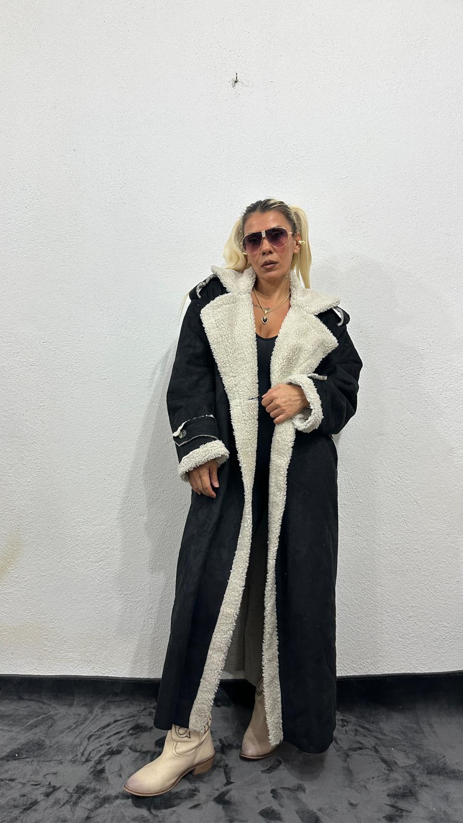 NuNu By Vintage Nubuk Siyah Teddy Uzun Kaban