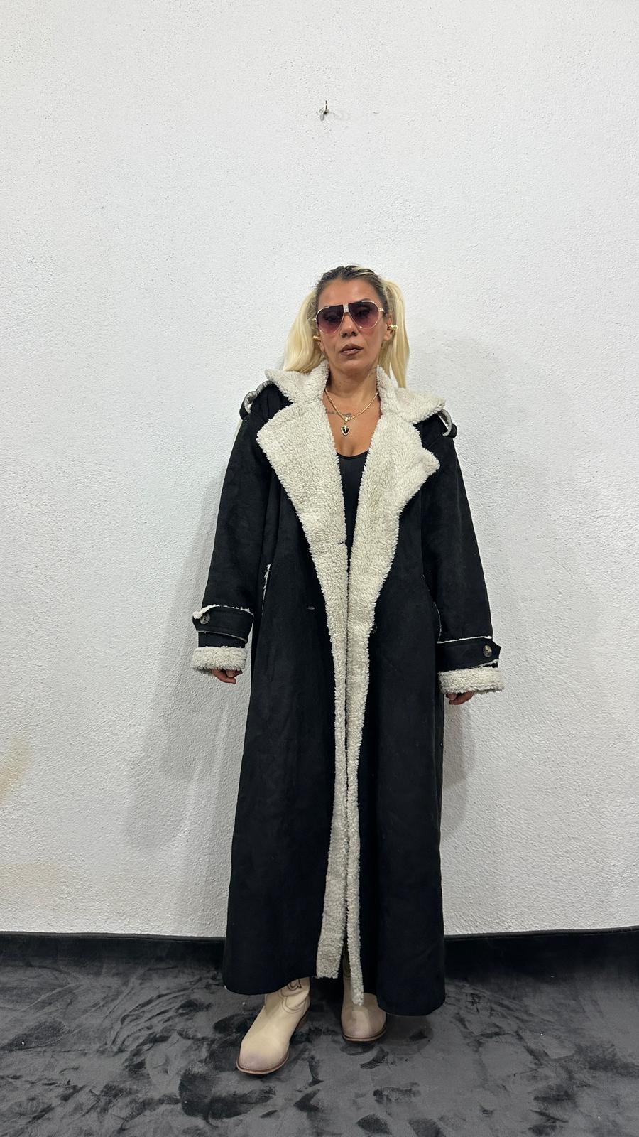 NuNu By Vintage Nubuk Siyah Teddy Uzun Kaban