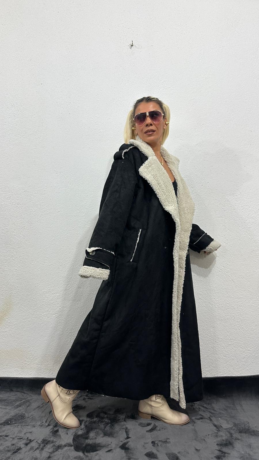 NuNu By Vintage Nubuk Siyah Teddy Uzun Kaban