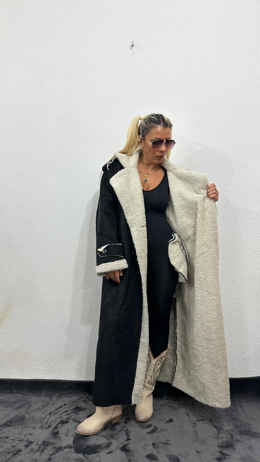 NuNu By Vintage Nubuk Siyah Teddy Uzun Kaban