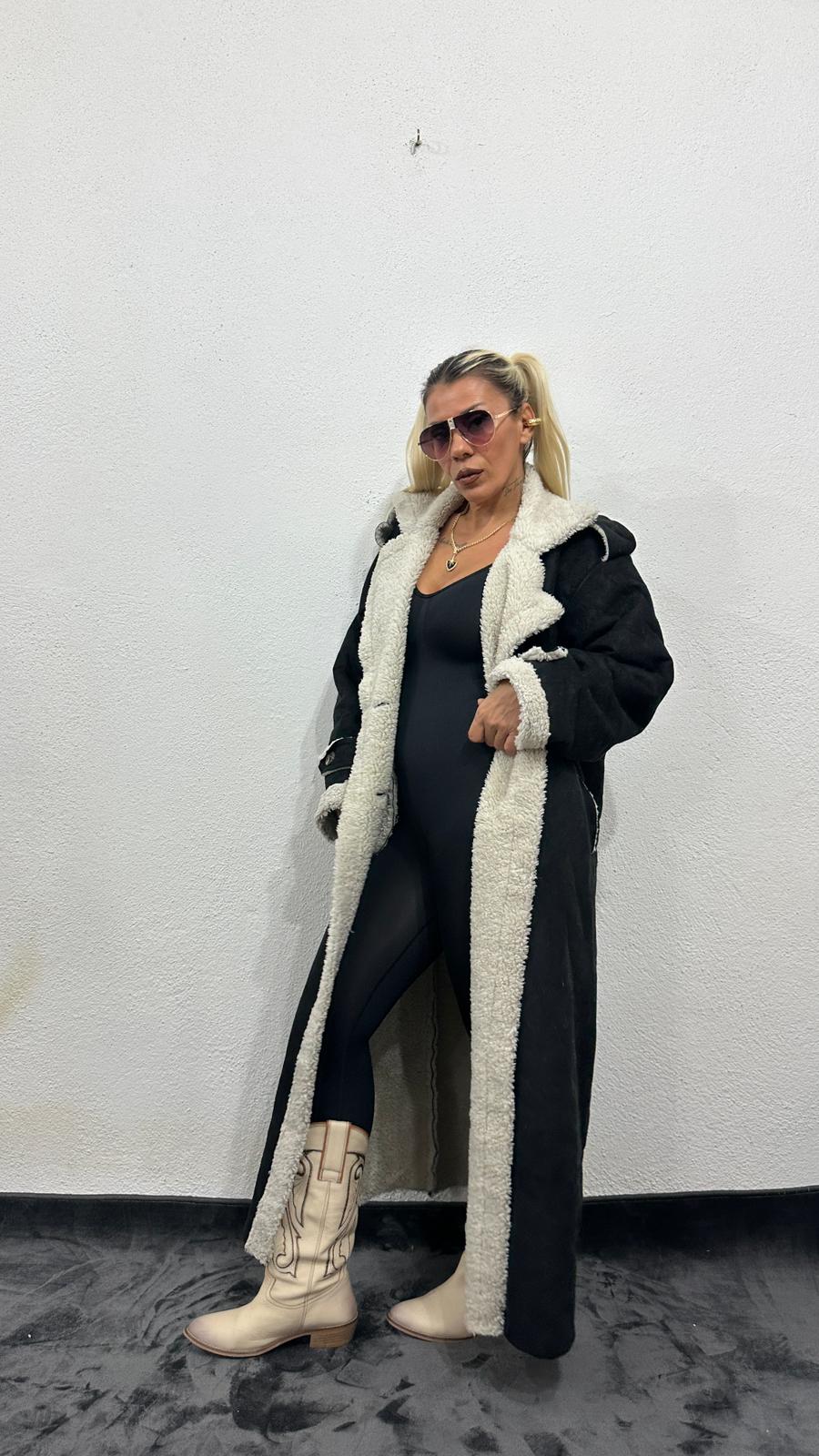 NuNu By Vintage Nubuk Siyah Teddy Uzun Kaban