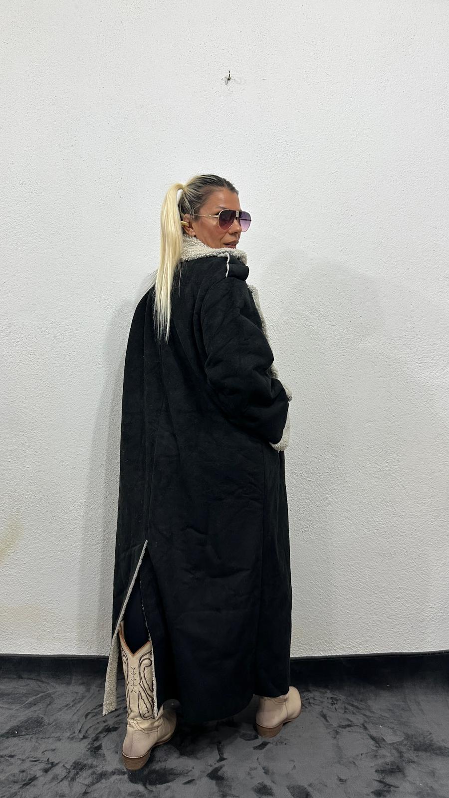 NuNu By Vintage Nubuk Siyah Teddy Uzun Kaban