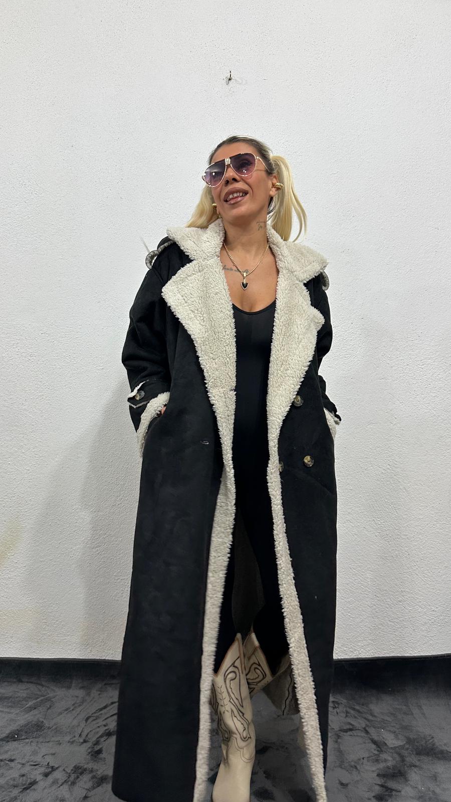 NuNu By Vintage Nubuk Siyah Teddy Uzun Kaban