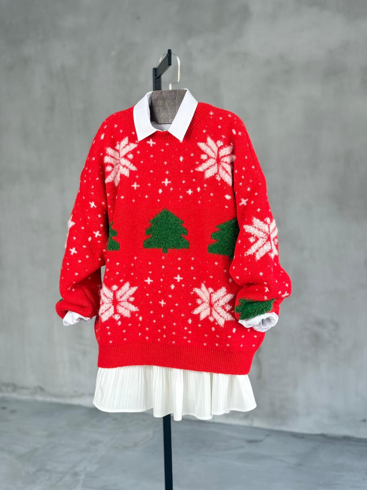 NuNu By Yeni Yıl Temalı Yeşil Ağaçlı Kadın Kazak