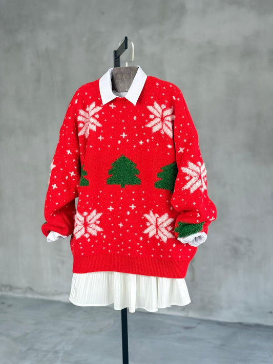 NuNu By Yeni Yıl Temalı Yeşil Ağaçlı Kadın Kazak