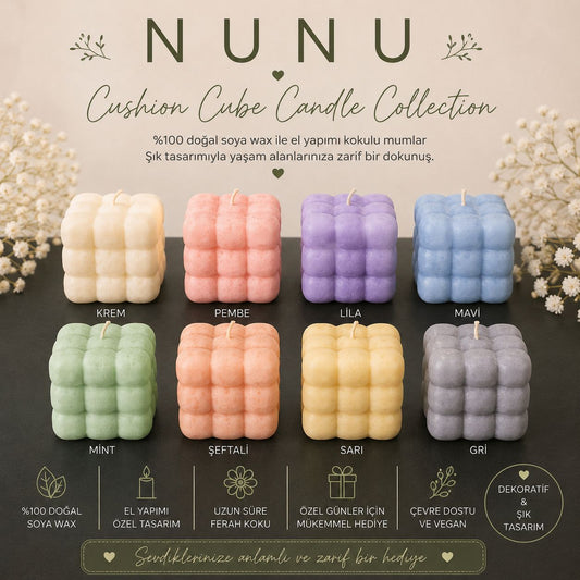 NuNu Cushion Cube Candle Collection – El Yapımı Soya Wax Dekoratif Mum Soya Wax