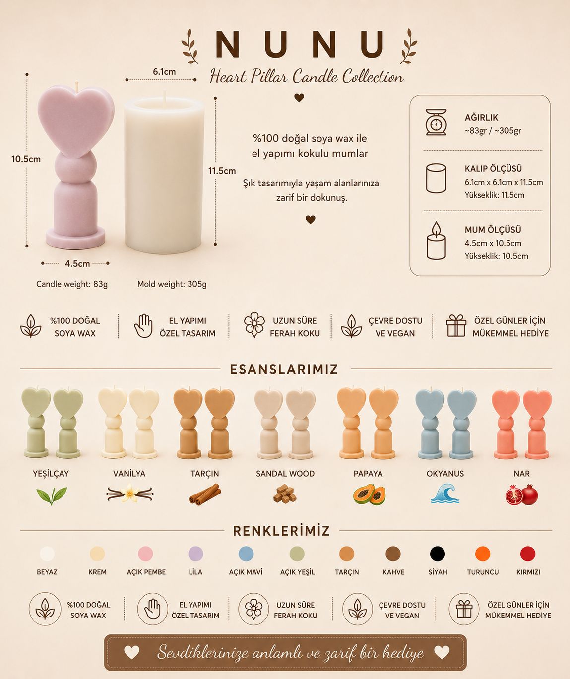 NuNu Heart Pillar Candle Collection – El Yapımı Soya Wax Kalp Detaylı Dekoratif Mum Soya Wax
