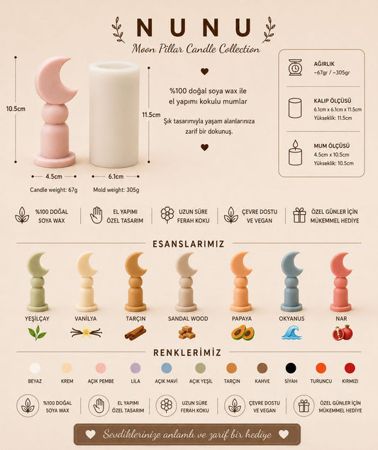 NuNu Moon Pillar Candle Collection – El Yapımı Soya Wax Ay Figürlü Dekoratif Mum Soya Wax