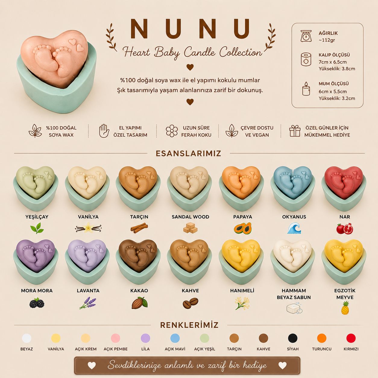 NuNu Tiny Footprints Heart Candle Collection – El Yapımı Kalp Detaylı Bebek Ayak İzli Dekoratif Mum