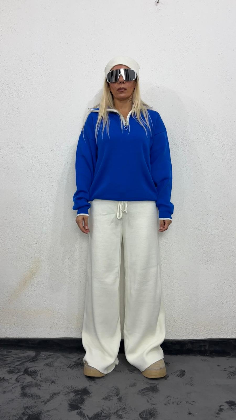 Oversize Begi Sax Mavisi Fermuar Yaka Boğazlı Triko