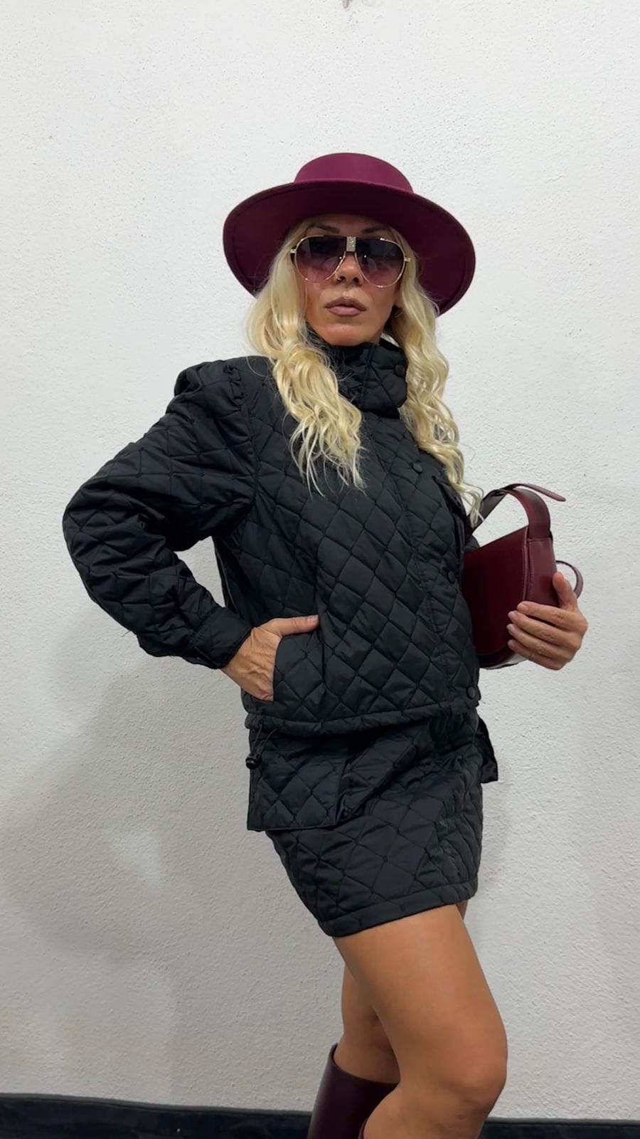 Siyah Kapitone Paraşüt Kumaş Etek Ceket Takım