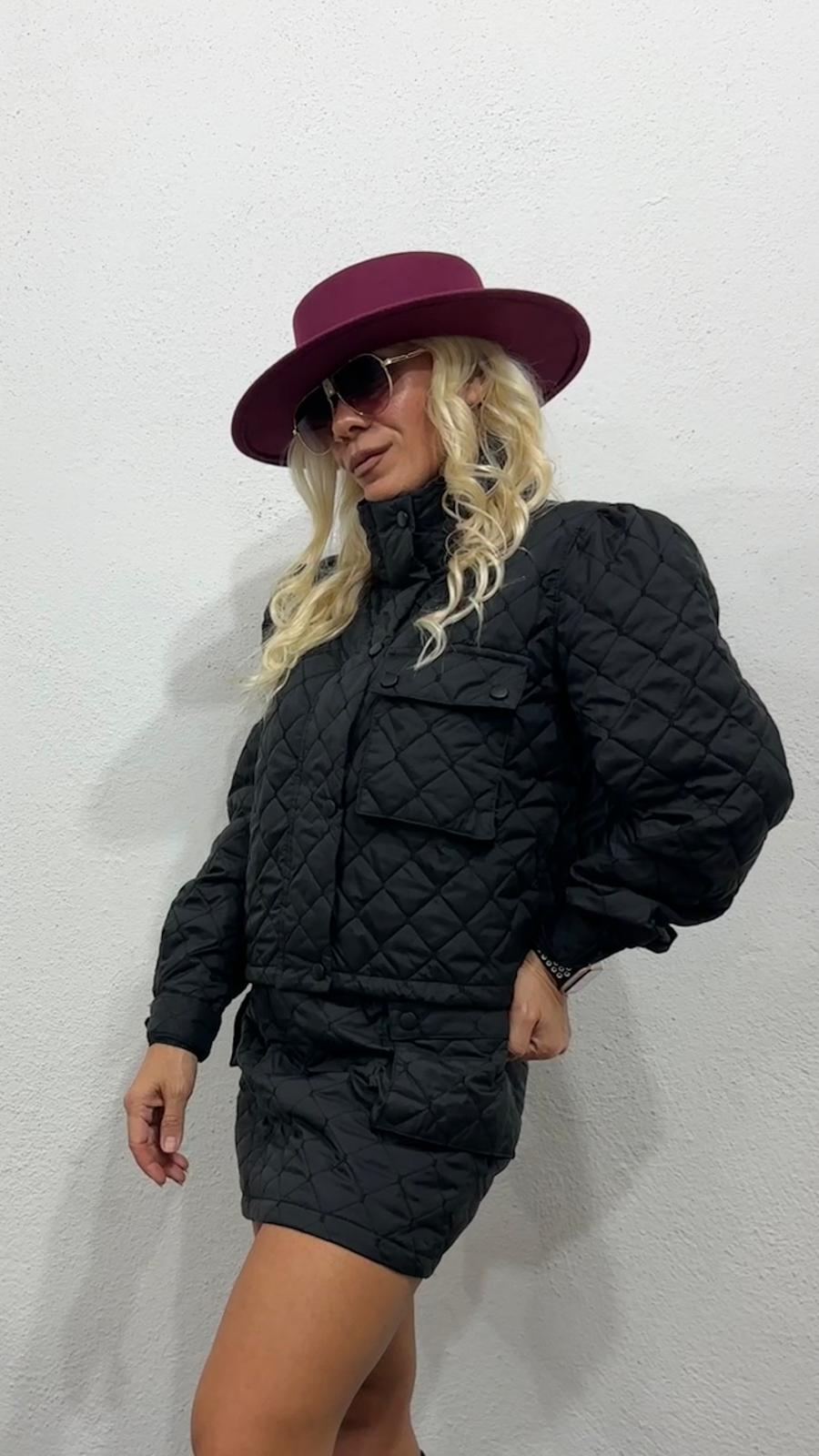 Siyah Kapitone Paraşüt Kumaş Etek Ceket Takım