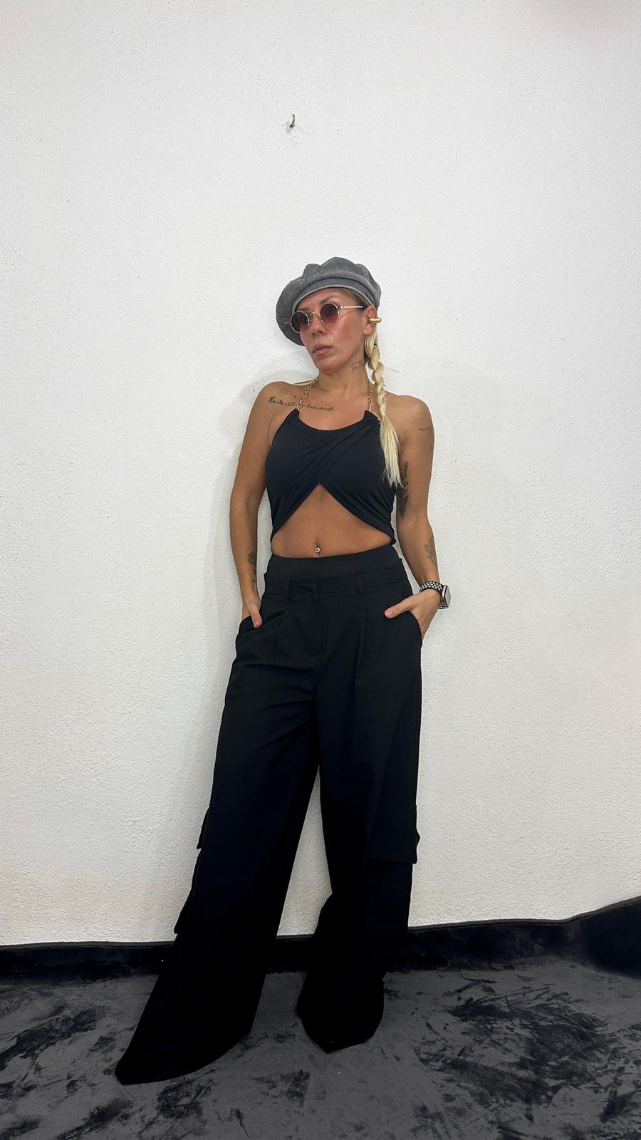 Black Bell Siyah Oversize Kargo Cep Kumaş Pantolon