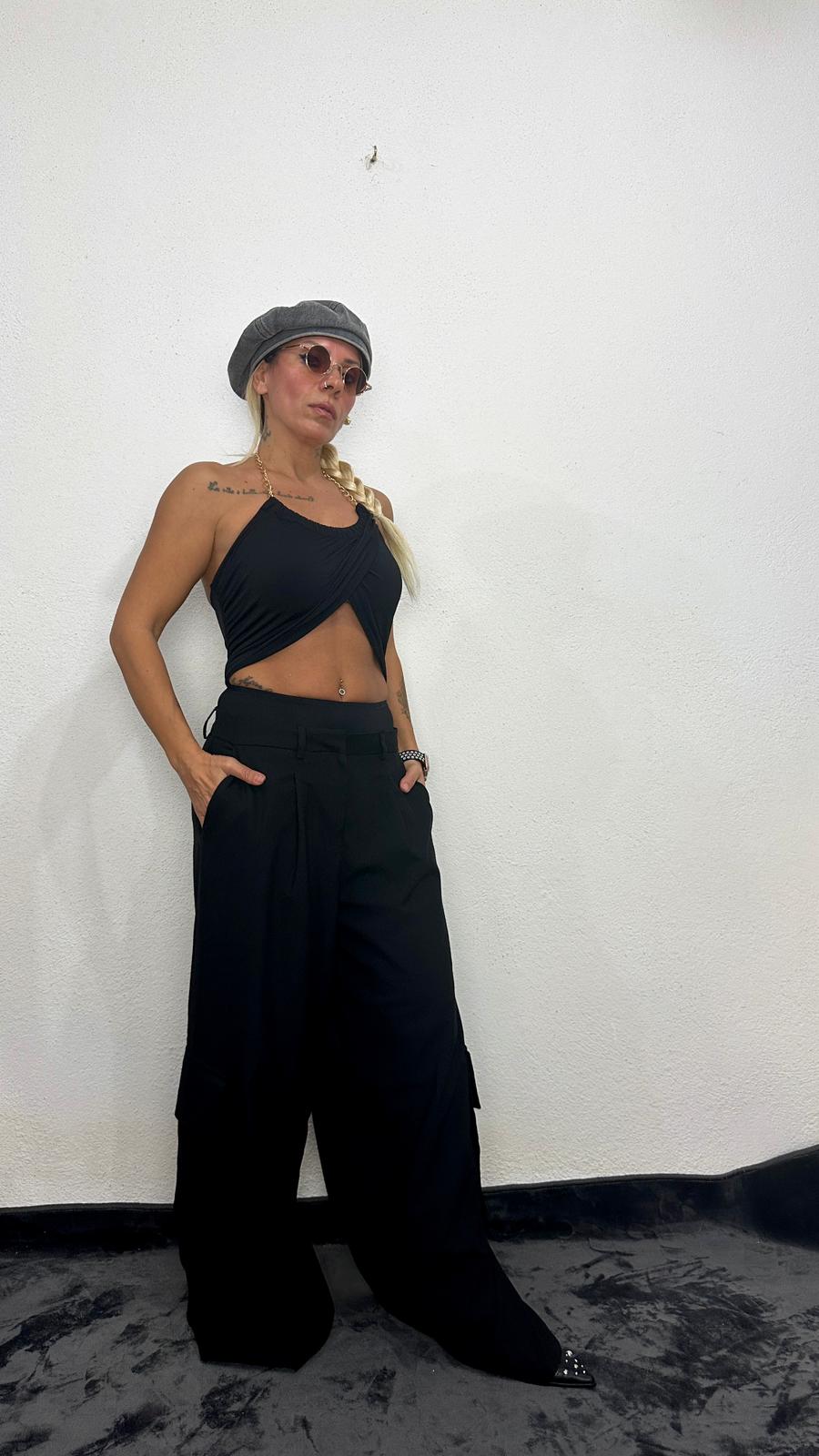 Black Bell Siyah Oversize Kargo Cep Kumaş Pantolon