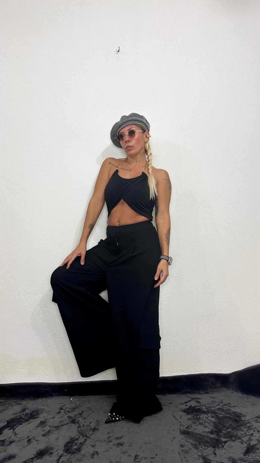 Black Bell Siyah Oversize Kargo Cep Kumaş Pantolon
