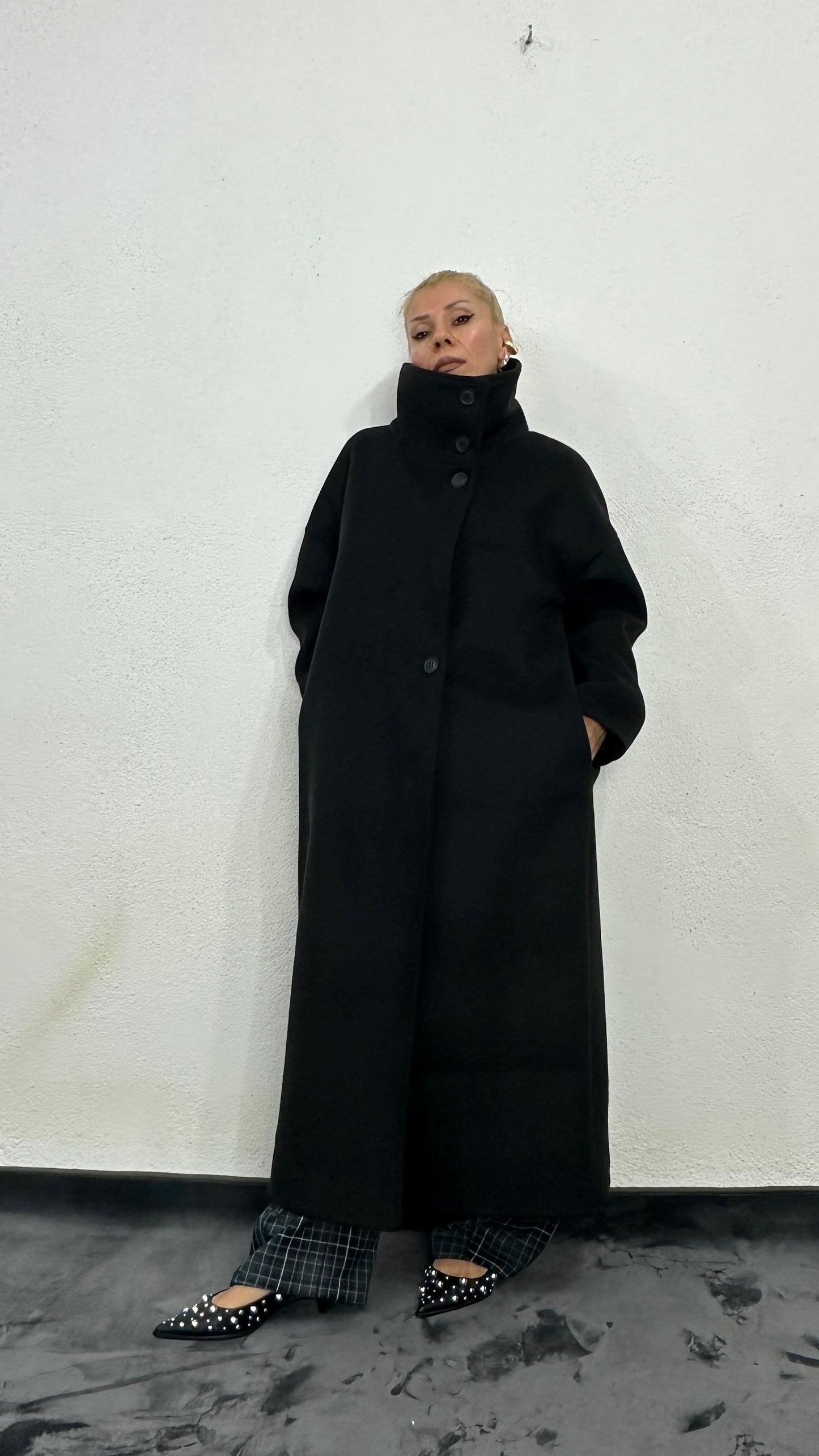 NuNu By Siyah Dik Yaka Oversize Kaşe Kaban L