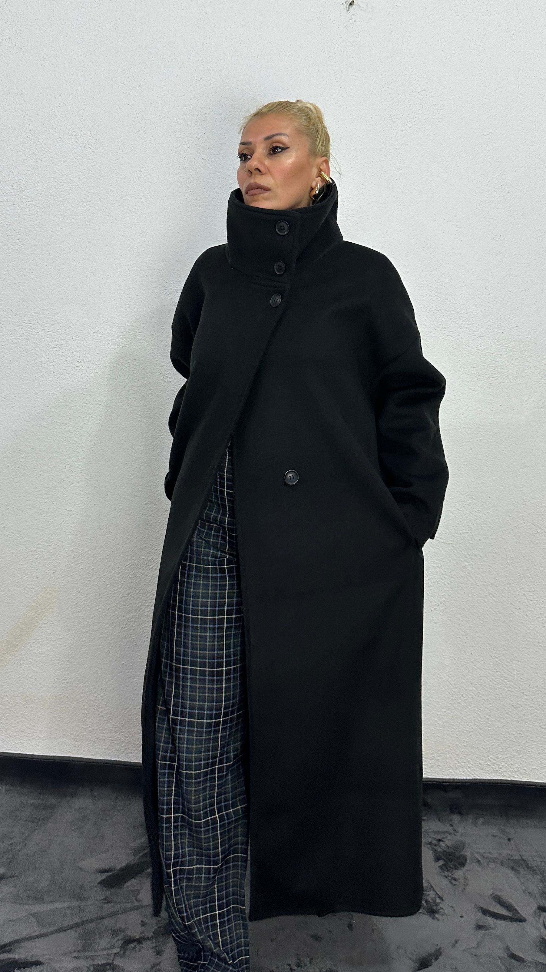 NuNu By Siyah Dik Yaka Oversize Kaşe Kaban