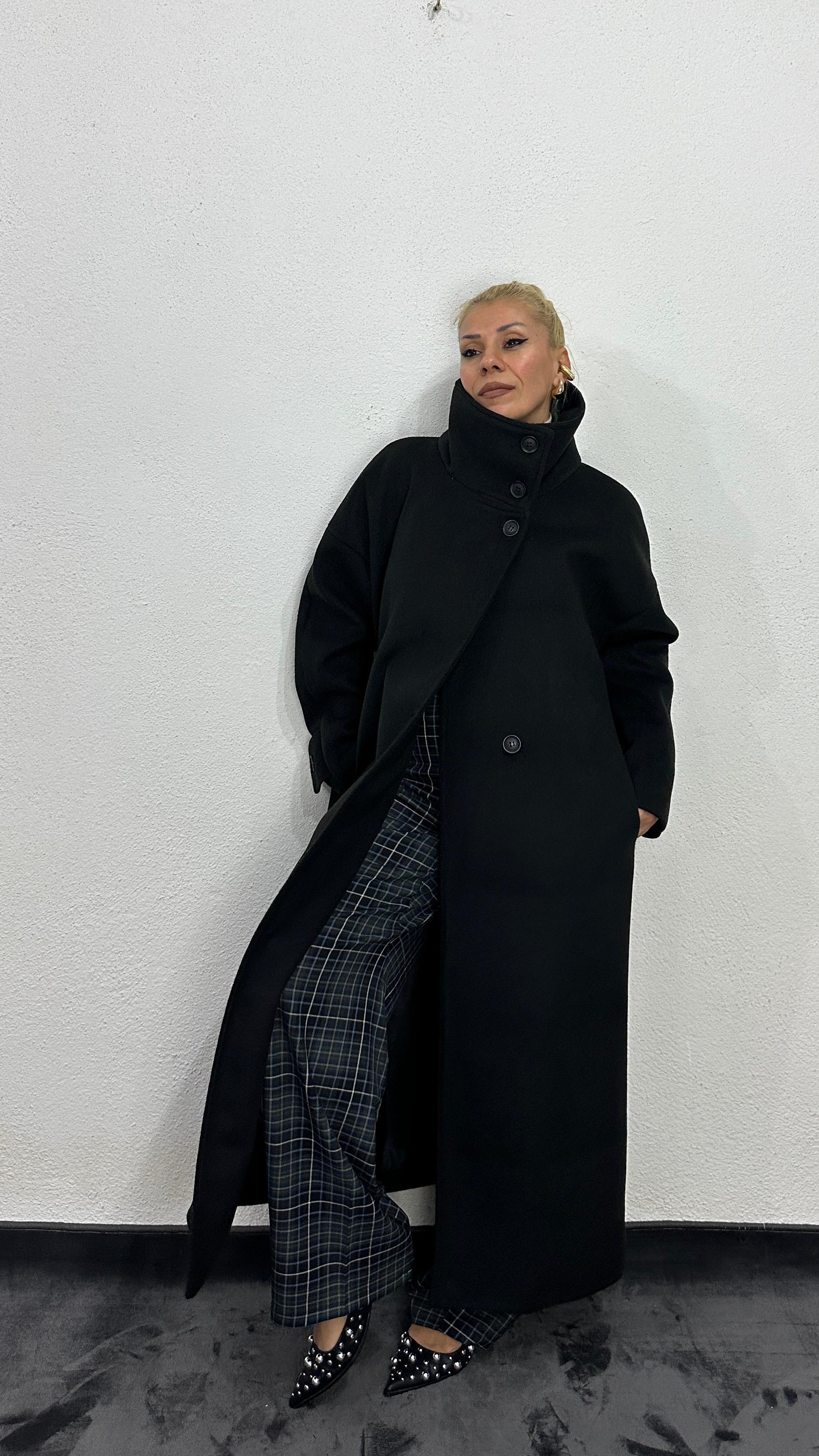 NuNu By Siyah Dik Yaka Oversize Kaşe Kaban