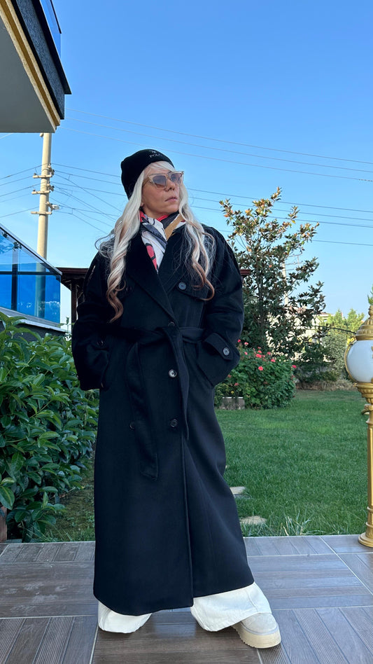 Siyah Oversize Kaşe Kaban