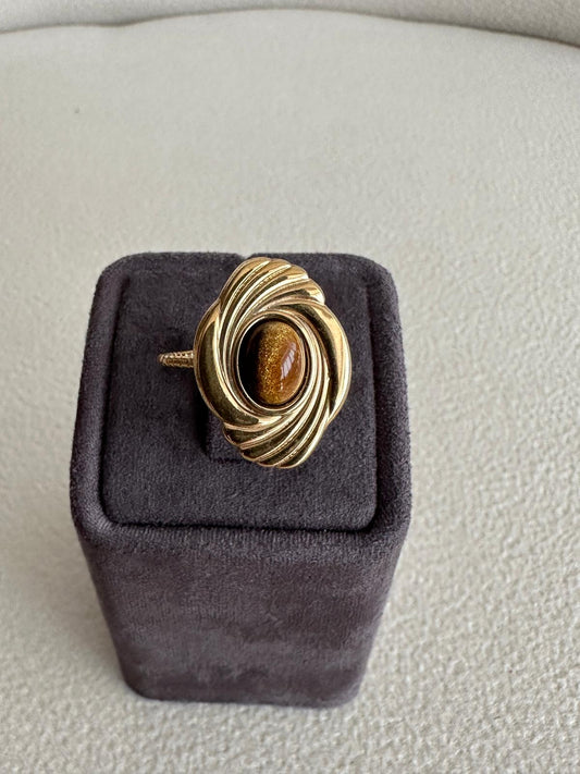 Vintage Oval Kaplangözü Model Çelik Gold Yüzük